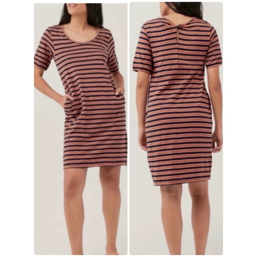 Pact Avery Striped T-Shirt Dress Sz S Navy Orange Pockets 100% Organic Cotton